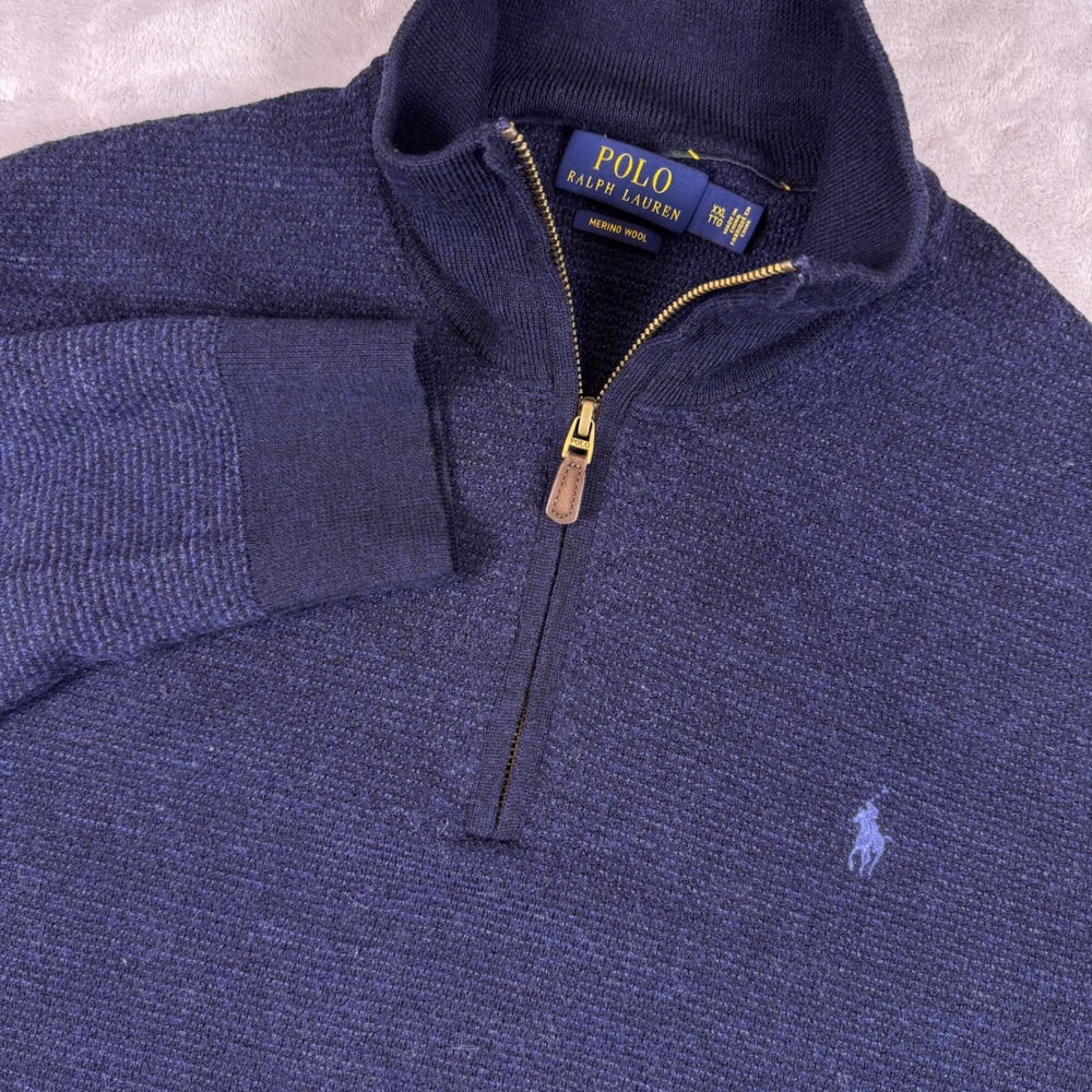 Polo Ralph Lauren Mens XXL Navy Blue 100% Merino Wool Quarter Zip Sweater*